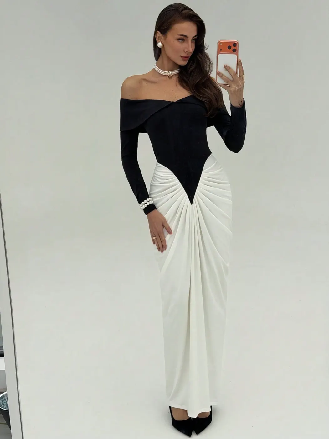 Aloruh Vestido Hombros Descubiertos Fruncido B&N