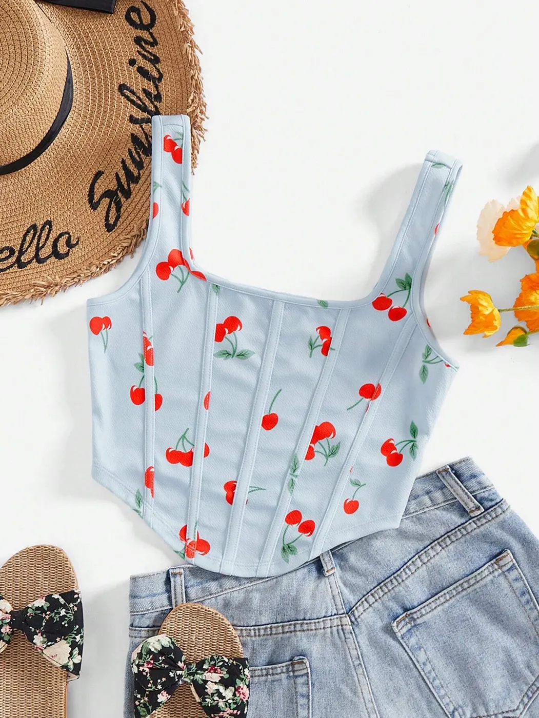 Camiseta sin mangas de punto con estampado de cereza SHEIN VCAY