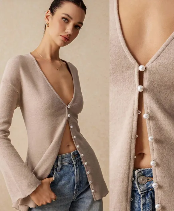 Cárdigan Poéselle con botones delanteros, cuello en V, cintura definida, mangas acampanadas