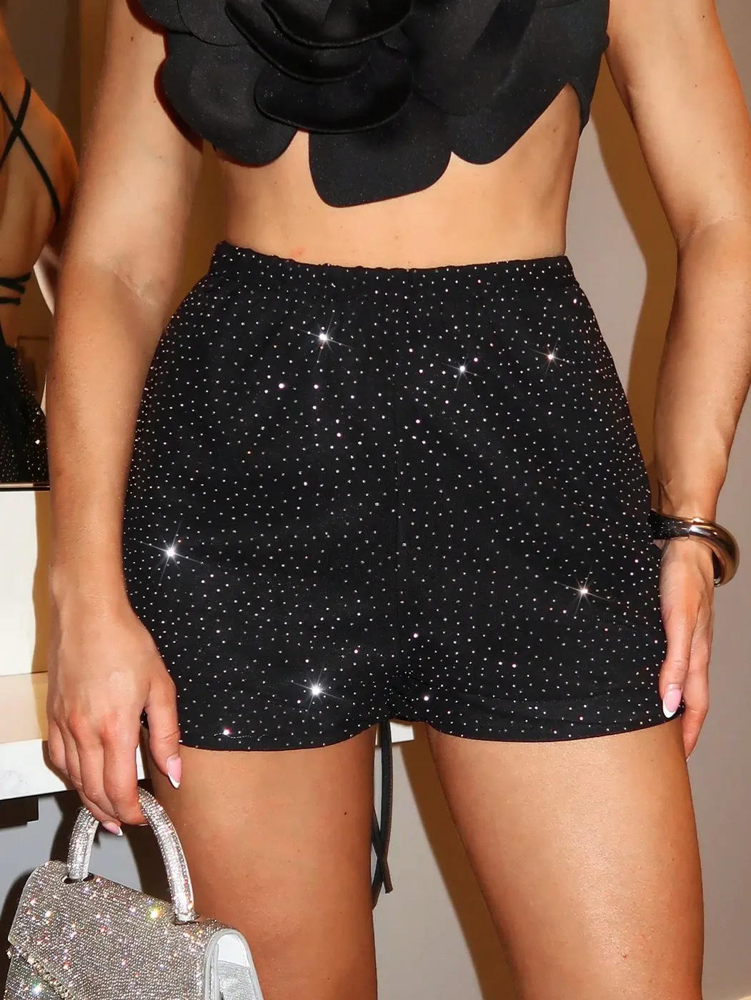 Glamine Pantalones cortos elegantes de cintura alta con rhinestones para uso en fiestas