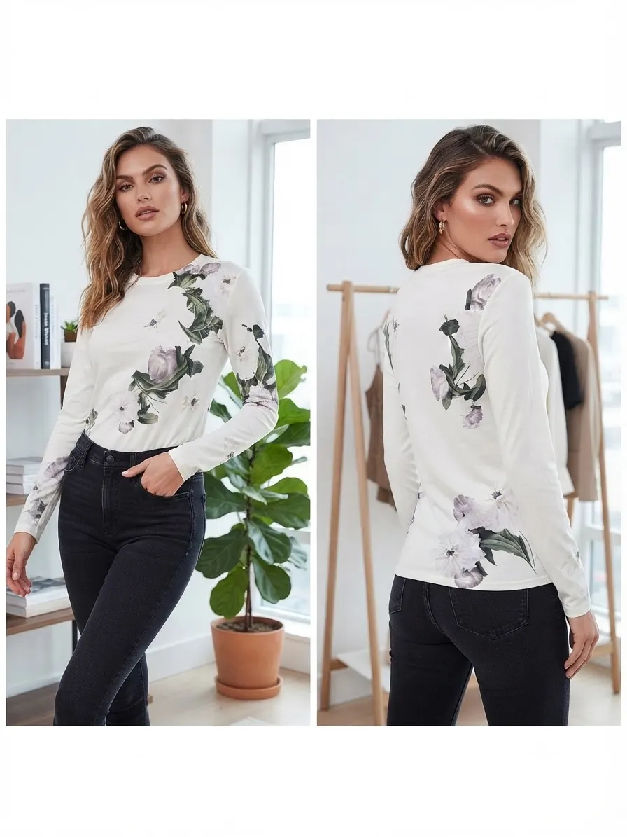 Blusa manga larga cuello redondo con estampado floral